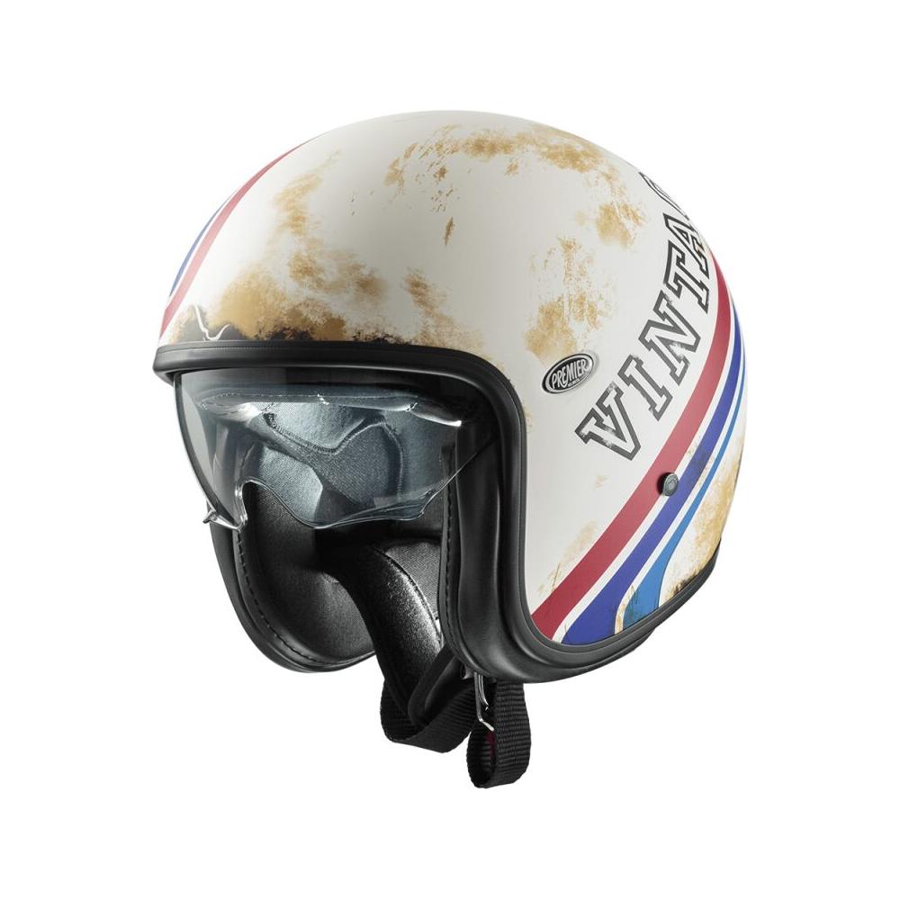 Premier Vintage BTR 12 Open Face Helmet White / Blue / Red FREE 1 YEAR Returns, FREE UK Delivery | ThrottleChimp