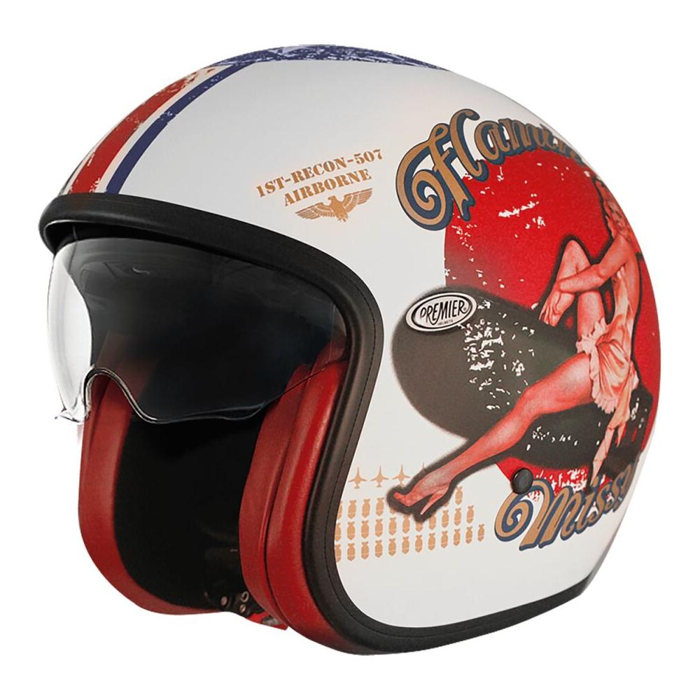 Premier Vintage Pin Up Open Face Helmet Matt Red / White FREE 1 YEAR Returns, FREE UK Delivery | ThrottleChimp