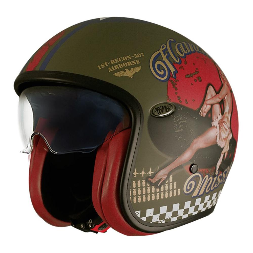 Premier Vintage Pin Up Open Face Helmet Matt Olive / Red FREE 1 YEAR Returns, FREE UK Delivery | ThrottleChimp