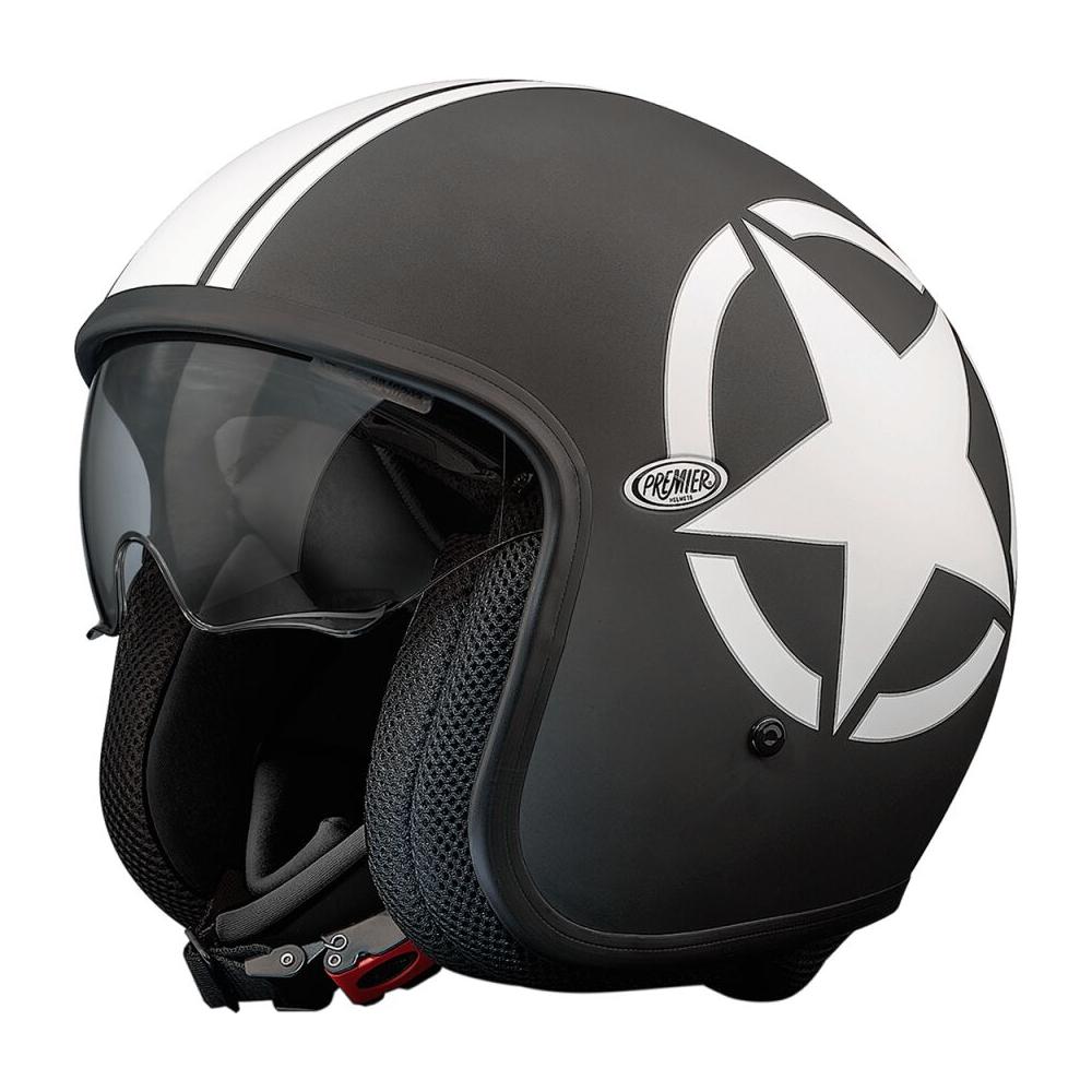 Premier Vintage Star SG 9 Open Face Helmet Matt Black / White FREE 1 YEAR Returns, FREE UK Delivery | ThrottleChimp