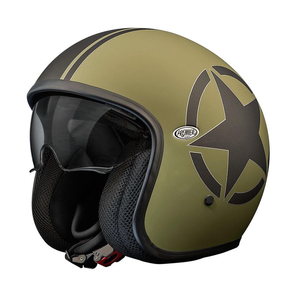 Premier Vintage Star Open Face Helmet Matt Black / Olive FREE 1 YEAR Returns, FREE UK Delivery | ThrottleChimp