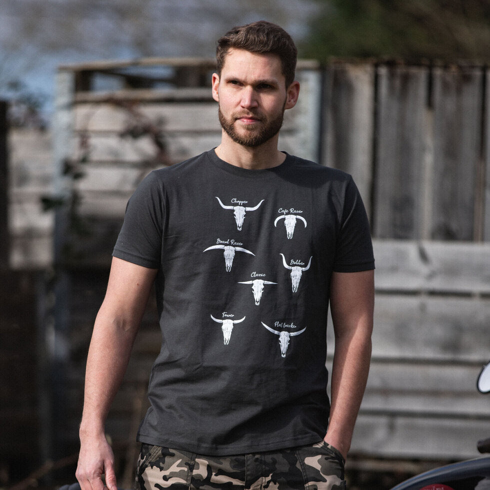 MotoBull Bull Types T-Shirt Ash Black FREE 1 YEAR Returns, FREE UK Delivery | ThrottleChimp