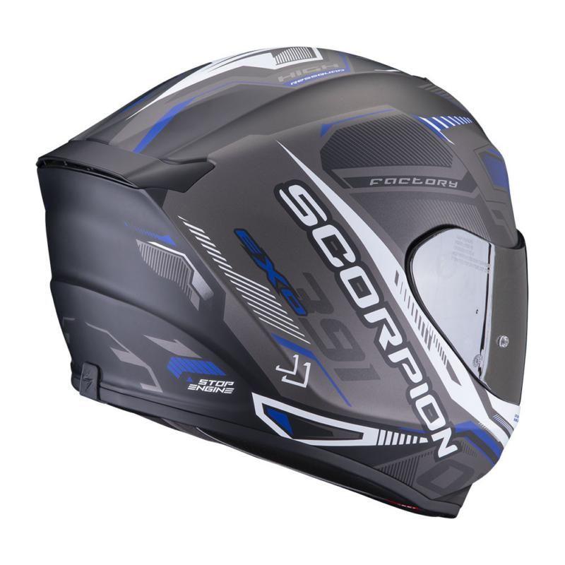 Scorpion EXO 391 Haut Full Face Helmet Black / Silver / Blue FREE 1 YEAR Returns, FREE UK Delivery | ThrottleChimp