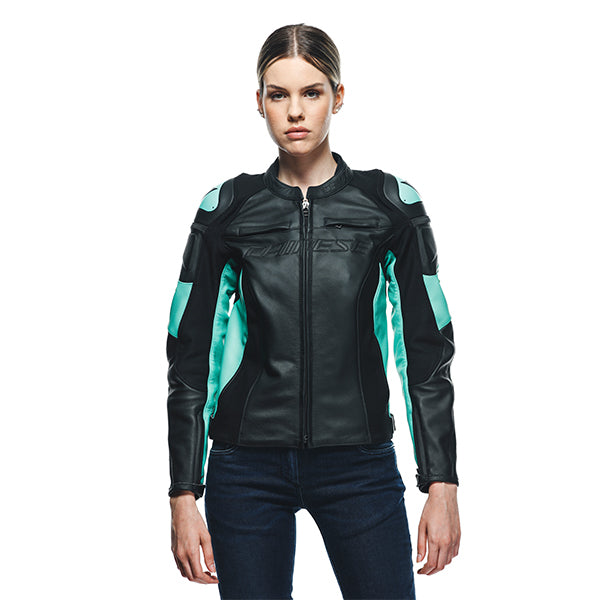 Dainese Racing 4 Ladies Leather Jacket Black/Aqua Green FREE Dainese Racing 4 Ladies Leather Jacket Black/Aqua Green FREE