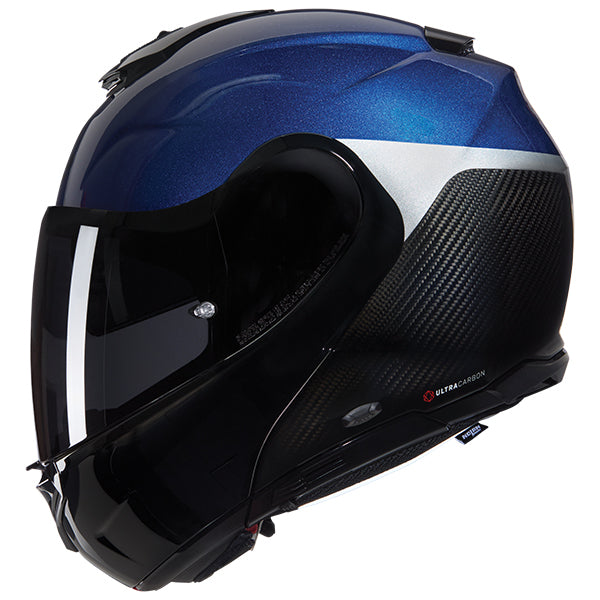 Nolan X-1005 Ultra Carbon Verniciatura Speciale Modular Flip-Up Helmet Carbon / Blue / Silver FREE 1 YEAR Returns, FREE UK Delivery | ThrottleChimp