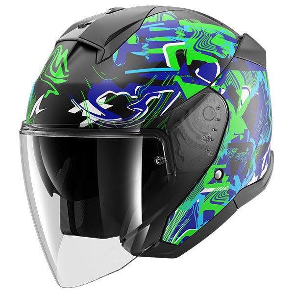 Shark Skwal Jet Open Face Helmet Pranz Black / Green / Blue FREE 1 YEAR Returns, FREE UK Delivery | ThrottleChimp