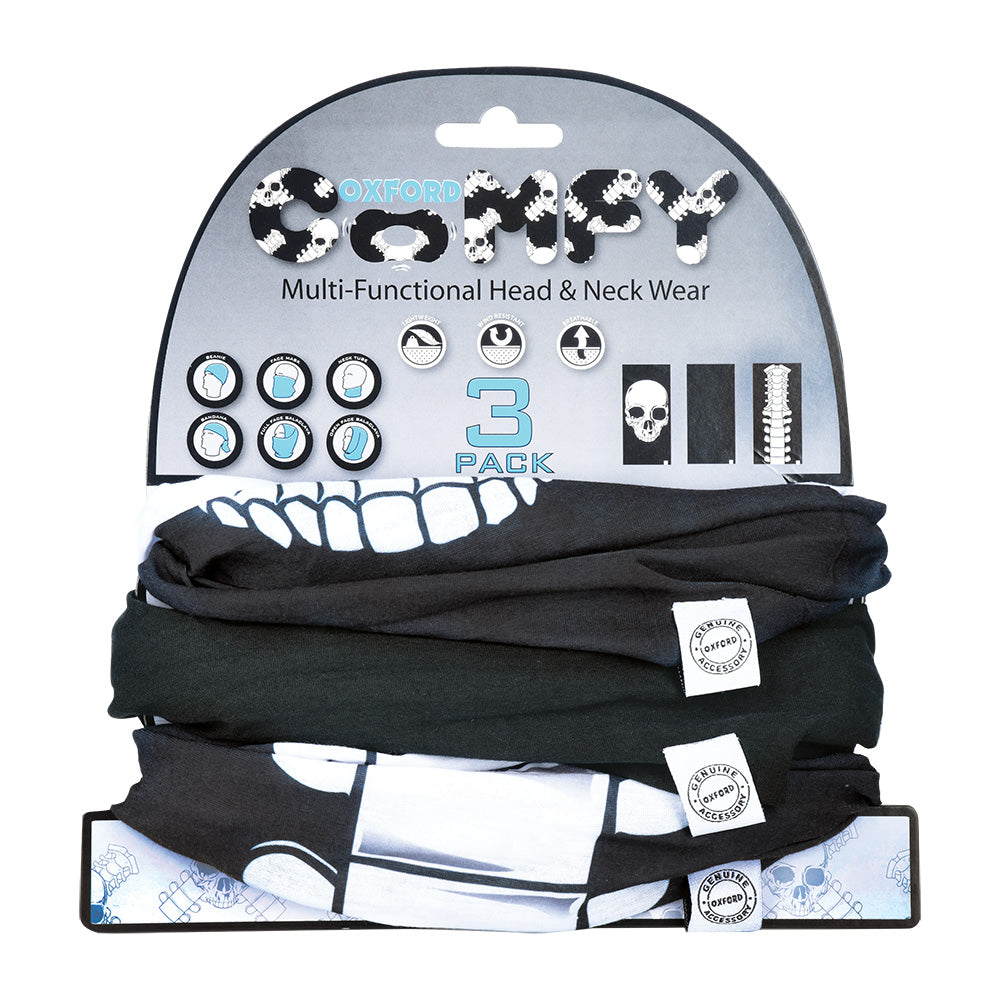 Oxford Skeleton Comfy Multifunctional Head & Neckwear Black / White - Pack Of 3 FREE 1 YEAR Returns, FREE UK Delivery | ThrottleChimp