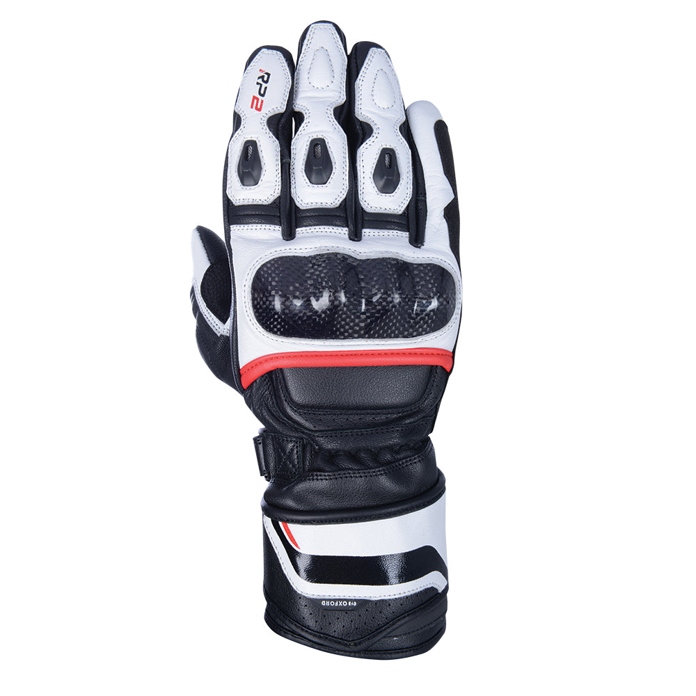 Oxford RP-2 2.0 Sports Long Leather Gloves Stealth Black / White / Red FREE 1 YEAR Returns, FREE UK Delivery | ThrottleChimp