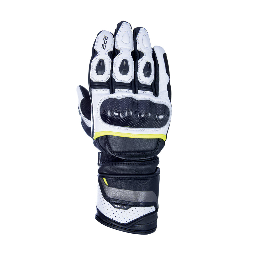 Oxford RP-2 2.0 Sports Long Leather Gloves Stealth Black / White / Fluo Yellow FREE 1 YEAR Returns, FREE UK Delivery | ThrottleChimp