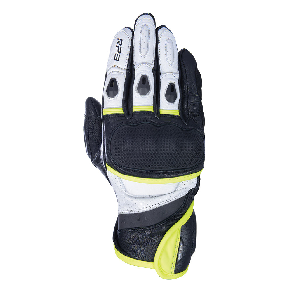 Oxford RP-3 2.0 Sports Short Leather Gloves Black / White / Fluo Yellow FREE 1 YEAR Returns, FREE UK Delivery | ThrottleChimp