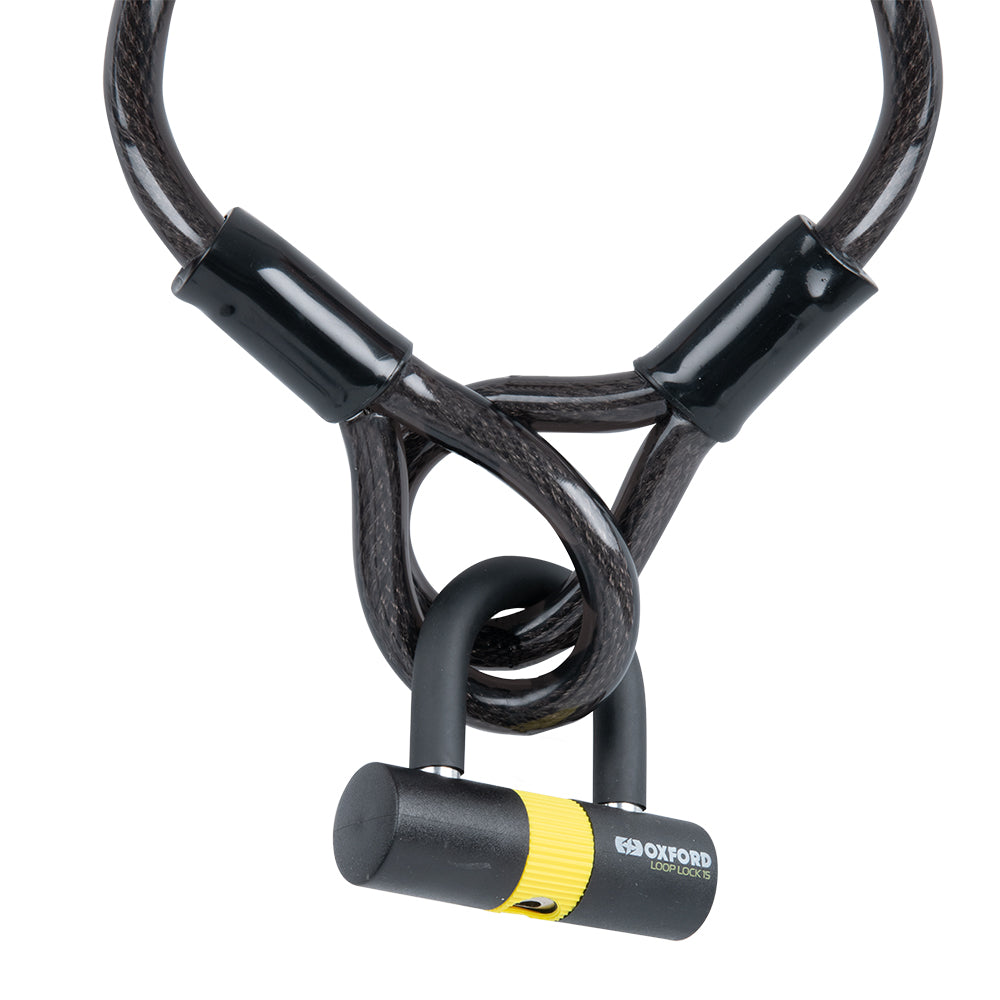 Oxford Loop 15 Cable & Mini Shackle Lock Black / Yellow - 15mm x 2.0m FREE 1 YEAR Returns, FREE UK Delivery | ThrottleChimp