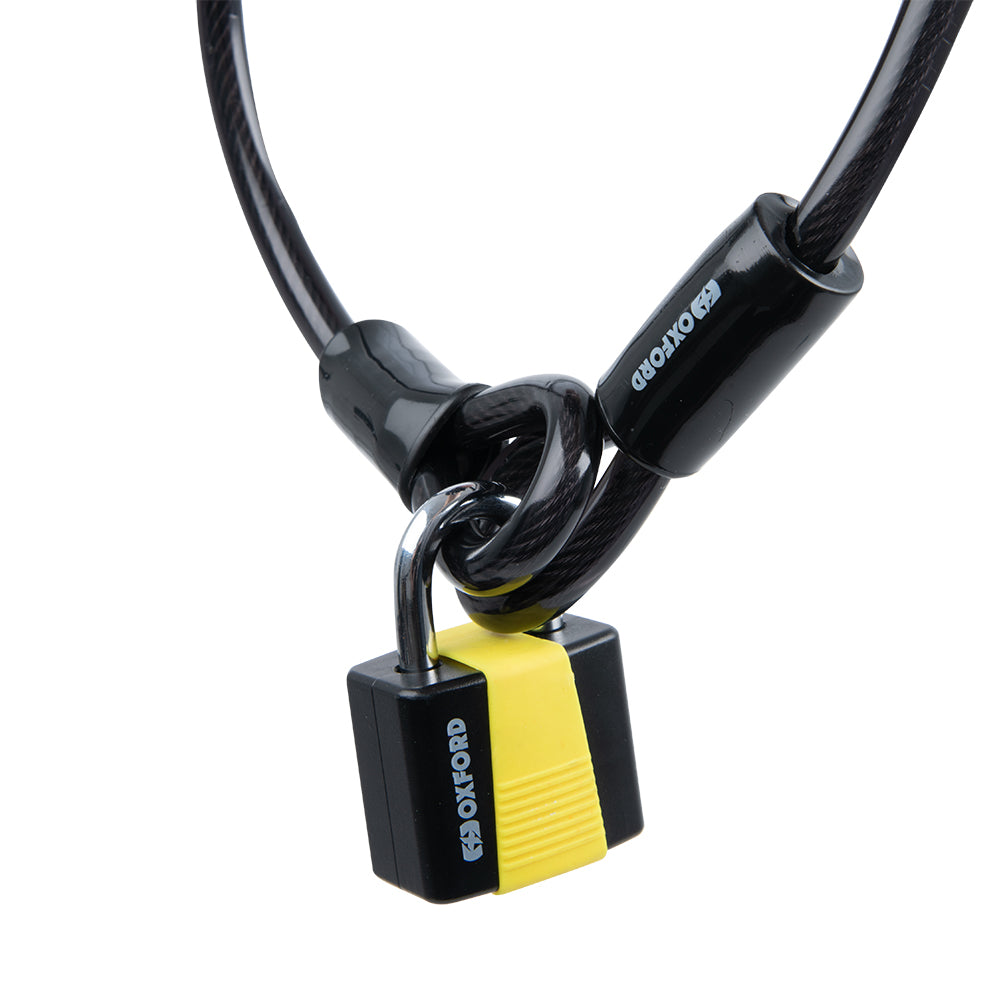 Oxford Loop 10 Hopped Cable & Padlock Black / Yellow - 10mm x 1.8m FREE 1 YEAR Returns, FREE UK Delivery | ThrottleChimp