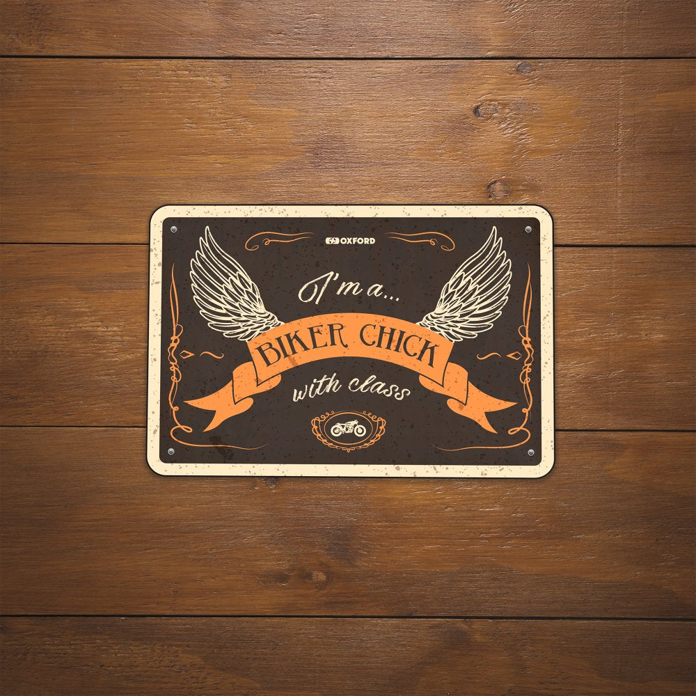 Oxford Biker Chick With Class Garage Metal Sign - 30cm x 20cm x 0.25mm FREE 1 YEAR Returns, FREE UK Delivery | ThrottleChimp