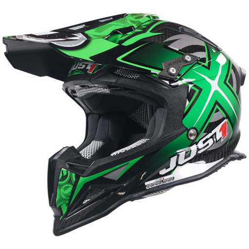 Just1 J12 Carbon MX Helmet Mister X Green FREE 1 YEAR Returns, FREE UK Delivery | ThrottleChimp