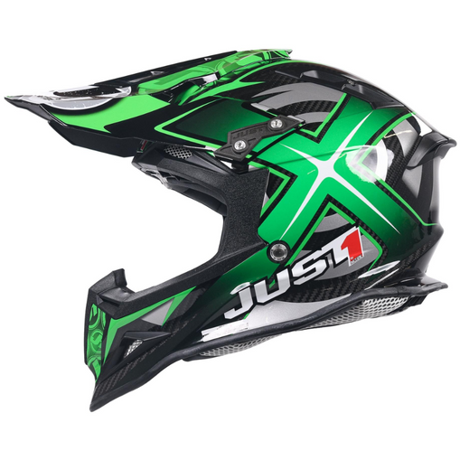 Just1 J12 Carbon MX Helmet Mister X Green FREE 1 YEAR Returns, FREE UK Delivery | ThrottleChimp