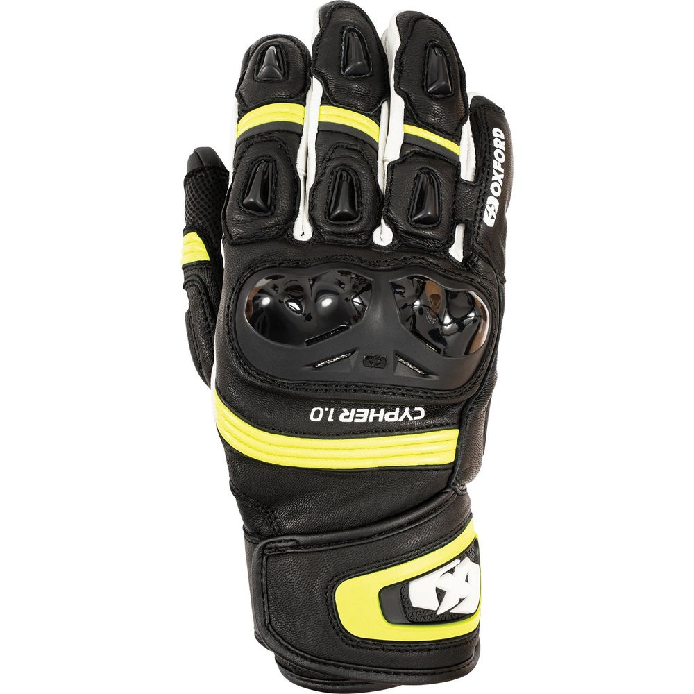 Oxford Cypher 1.0 Short Leather Gloves Black / Yellow / White FREE 1 YEAR Returns, FREE UK Delivery | ThrottleChimp