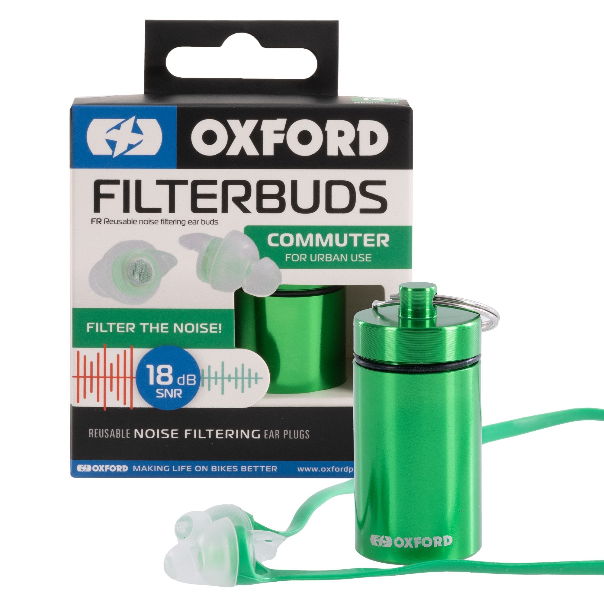 Oxford FilterBuds Commuter 18 SNR Ear Buds Clear / Green FREE 1 YEAR Returns, FREE UK Delivery | ThrottleChimp