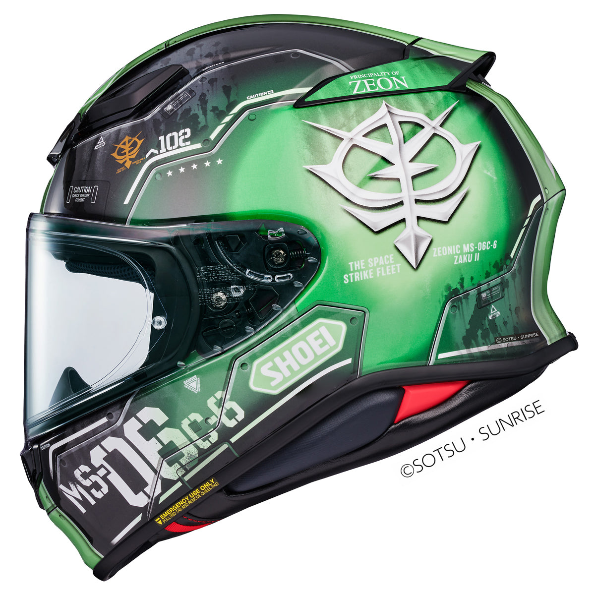 Shoei NXR2 MS-06C-6 Zaku 2 TC4 Full Face Helmet Green FREE 1 YEAR Returns, FREE UK Delivery | ThrottleChimp