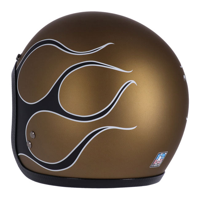 13 And A Half Magazine Skull Bucket Open Face Helmet Flames Matt Gold FREE 1 YEAR Returns, FREE UK Delivery | ThrottleChimp