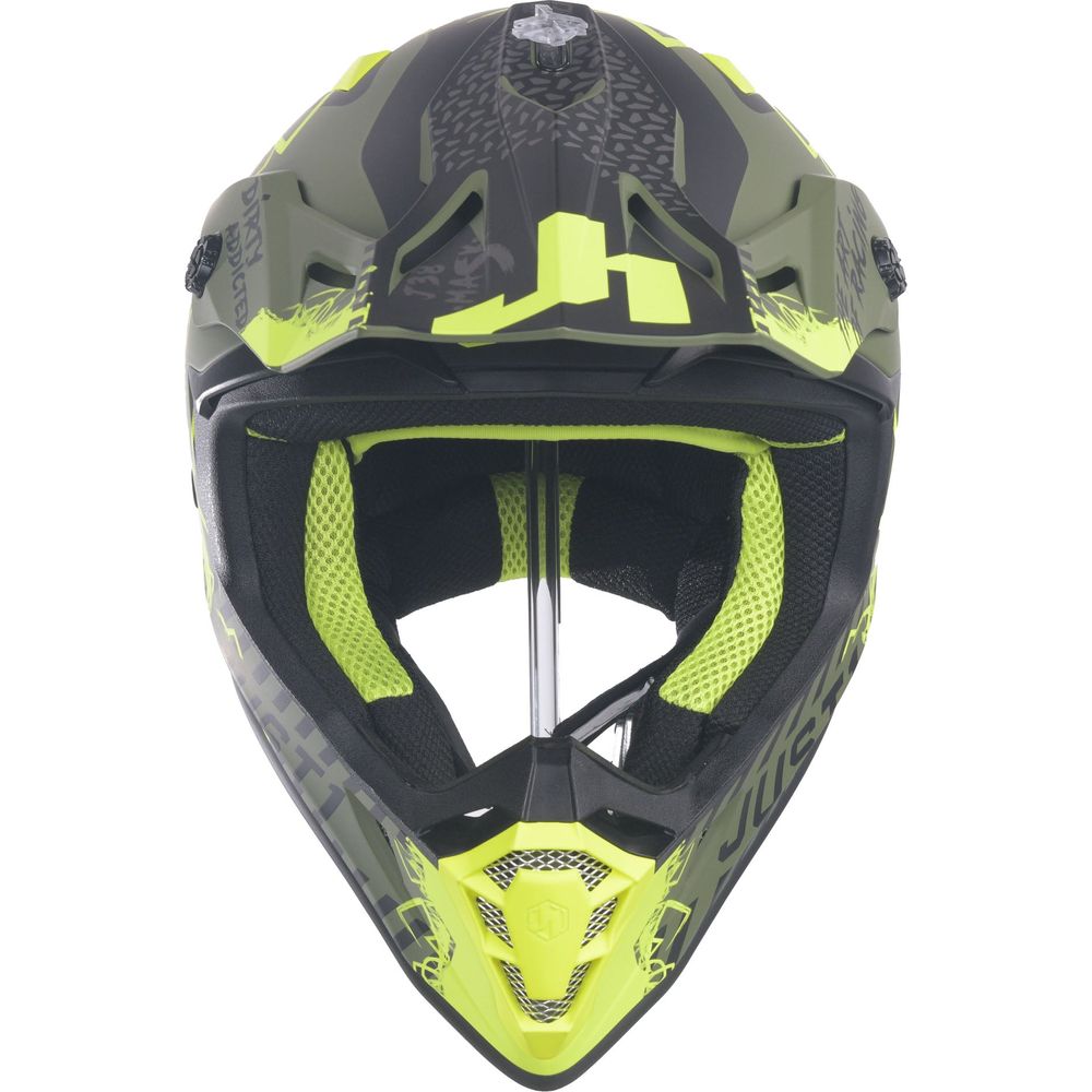 Just1 J38 MX Helmet Mask Fluo Yellow / Black / Matt Army Green FREE 1 YEAR Returns, FREE UK Delivery | ThrottleChimp