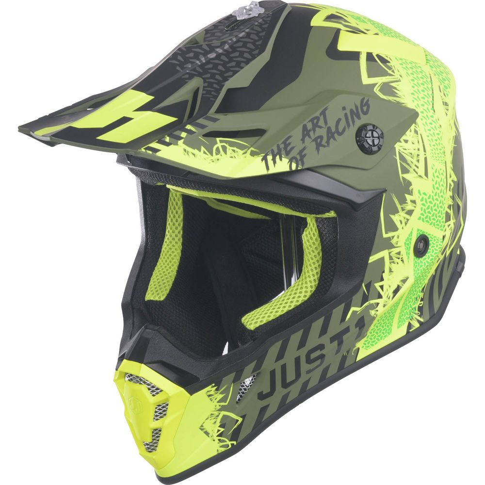 Just1 J38 MX Helmet Mask Fluo Yellow / Black / Matt Army Green FREE 1 YEAR Returns, FREE UK Delivery | ThrottleChimp
