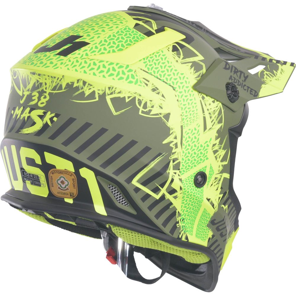 Just1 J38 MX Helmet Mask Fluo Yellow / Black / Matt Army Green FREE 1 YEAR Returns, FREE UK Delivery | ThrottleChimp