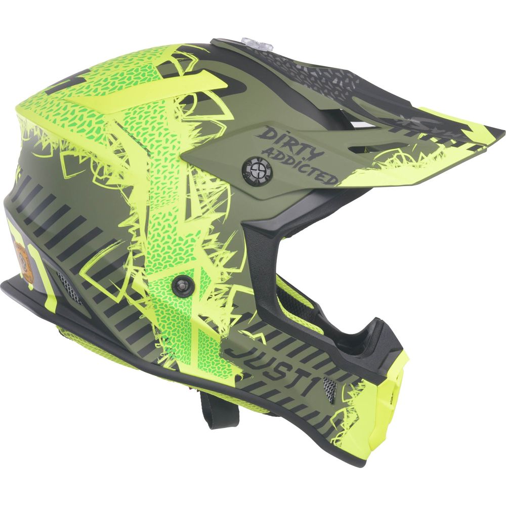 Just1 J38 MX Helmet Mask Fluo Yellow / Black / Matt Army Green FREE 1 YEAR Returns, FREE UK Delivery | ThrottleChimp