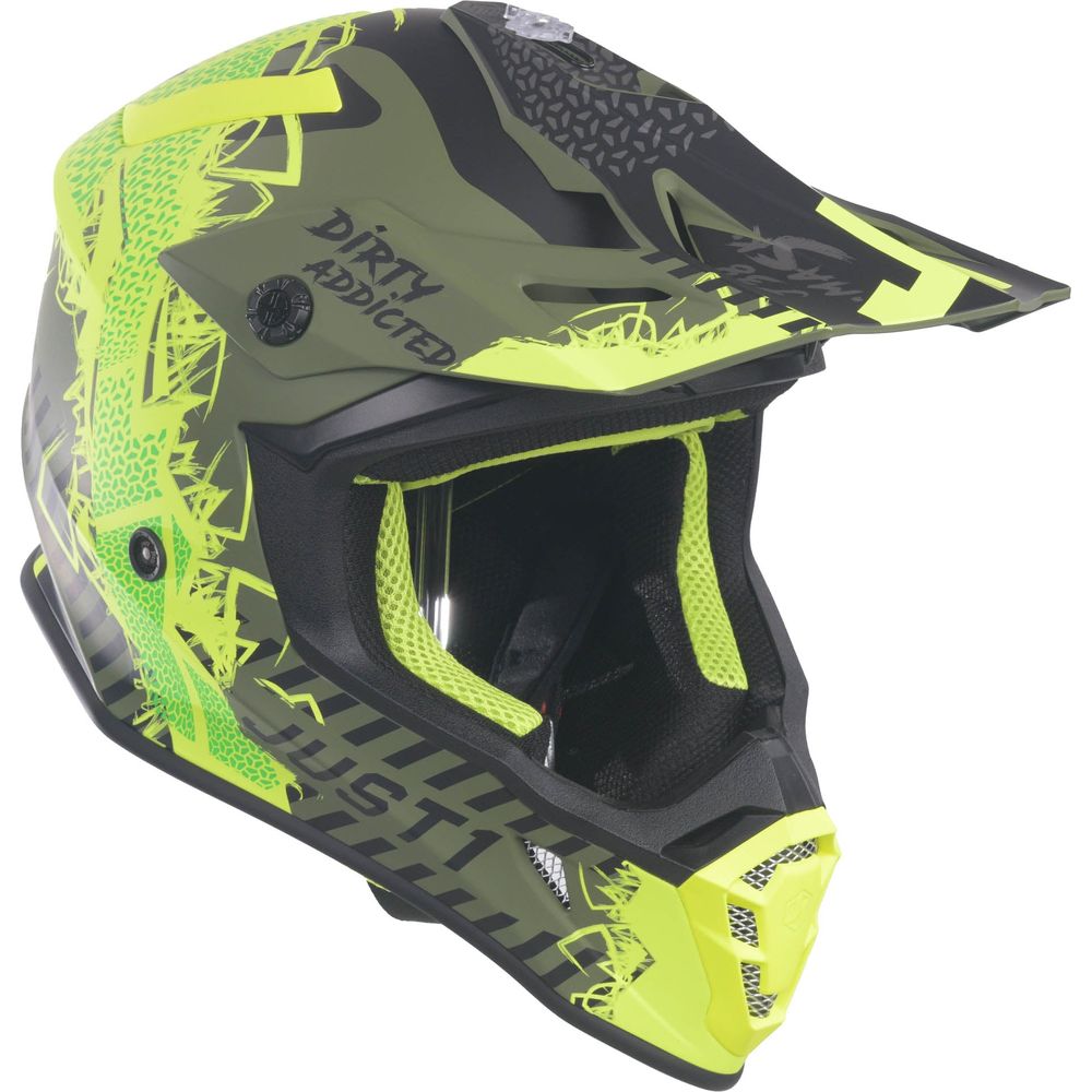 Just1 J38 MX Helmet Mask Fluo Yellow / Black / Matt Army Green FREE 1 YEAR Returns, FREE UK Delivery | ThrottleChimp