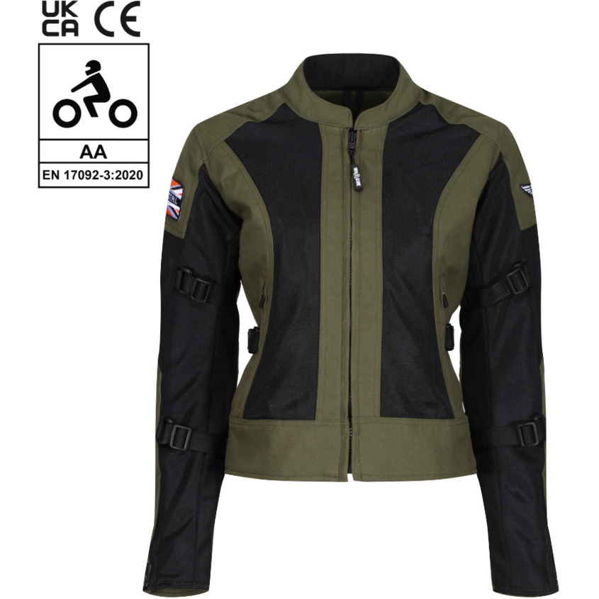 MotoGirl Jodie Summer Ladies Textile Jacket Khaki Green FREE 1 YEAR Returns, FREE UK Delivery | ThrottleChimp
