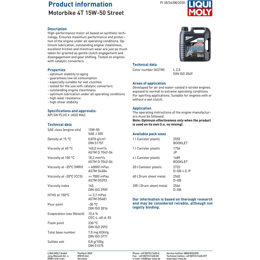 Liqui Moly 4 Stroke Semi Synthetic Street 15W-50 Oil FREE 1 YEAR Returns, FREE UK Delivery | ThrottleChimp