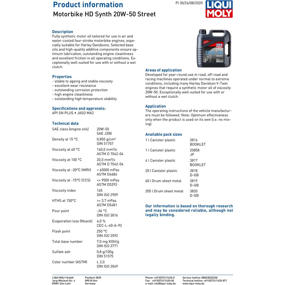 Liqui Moly 4 Stroke Fully Synthetic HD Street 20W-50 Oil FREE 1 YEAR Returns, FREE UK Delivery | ThrottleChimp
