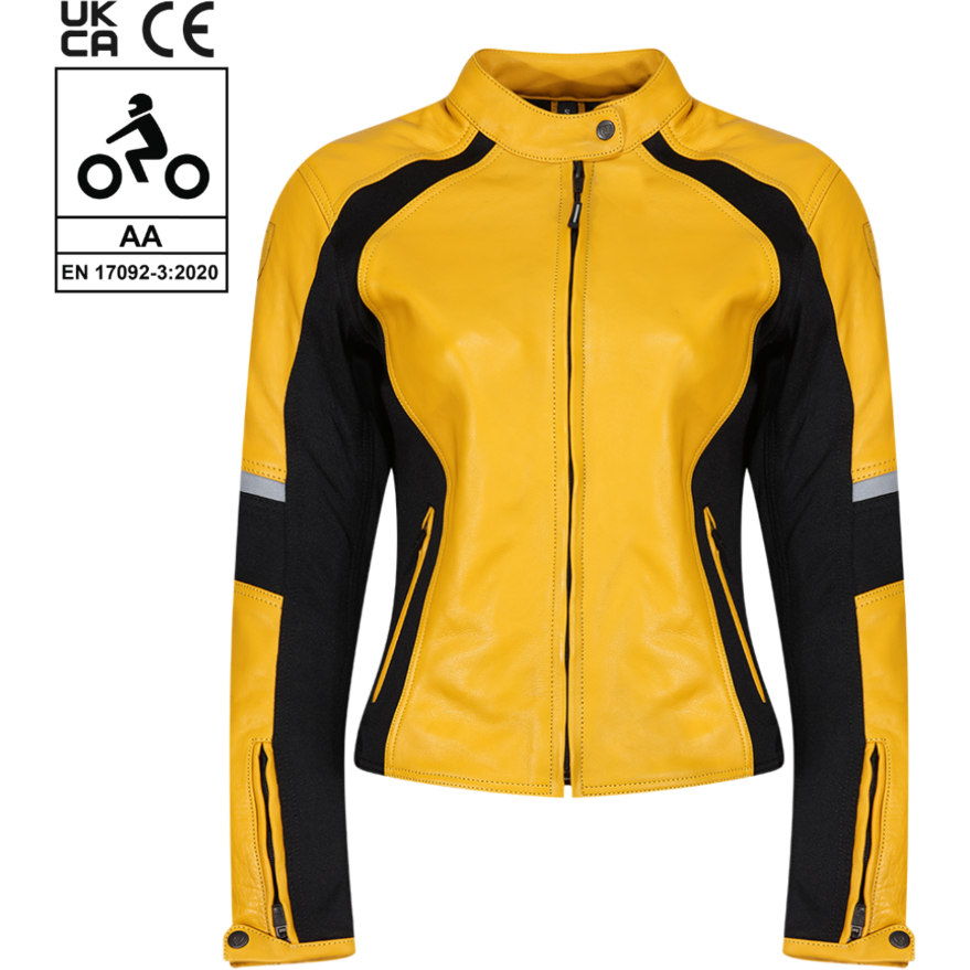 MotoGirl Fiona Ladies Leather Jacket Yellow FREE 1 YEAR Returns, FREE UK Delivery | ThrottleChimp