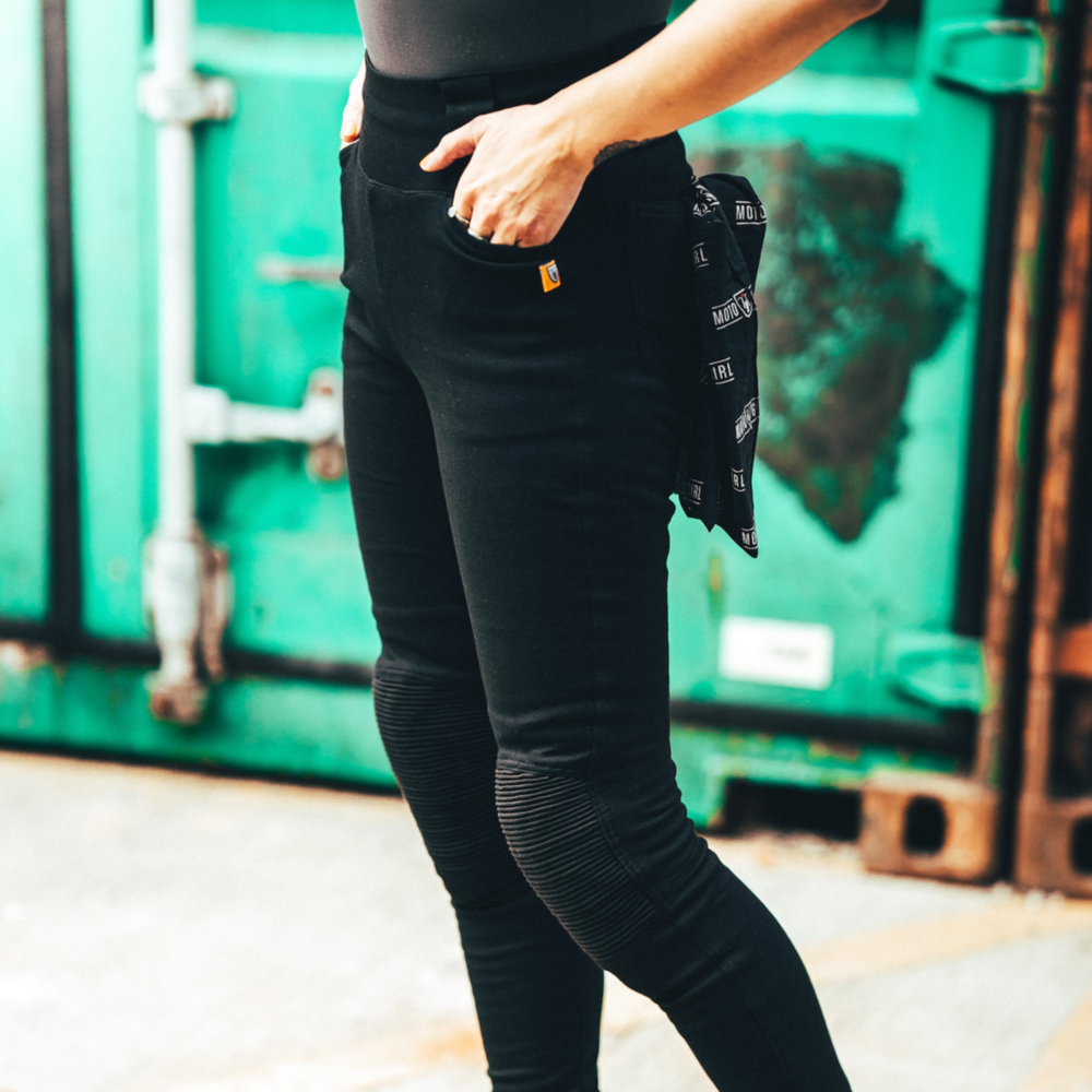 MotoGirl Ribbed Knee Ladies Leggings Black FREE 1 YEAR Returns, FREE UK Delivery | ThrottleChimp