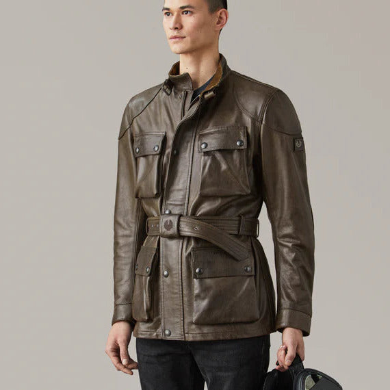 Belstaff Trialmaster Leather Jacket Dark Olive FREE 1 YEAR Returns, FREE UK Delivery | ThrottleChimp