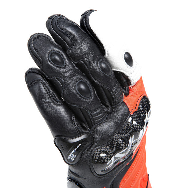 Dainese Carbon 4 Long Leather Gloves Black / Fluo Red / White FREE 1 YEAR Returns, FREE UK Delivery | ThrottleChimp