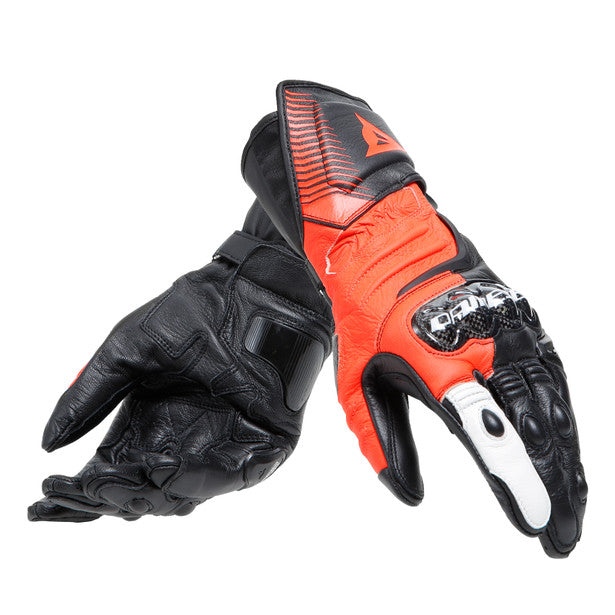 Dainese Carbon 4 Long Leather Gloves Black / Fluo Red / White FREE 1 YEAR Returns, FREE UK Delivery | ThrottleChimp