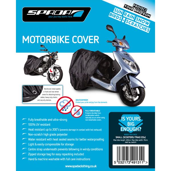 Spada Motorcycle Cover Small Scooters / Traditional 125's Black FREE 1 YEAR Returns, FREE UK Delivery | ThrottleChimp