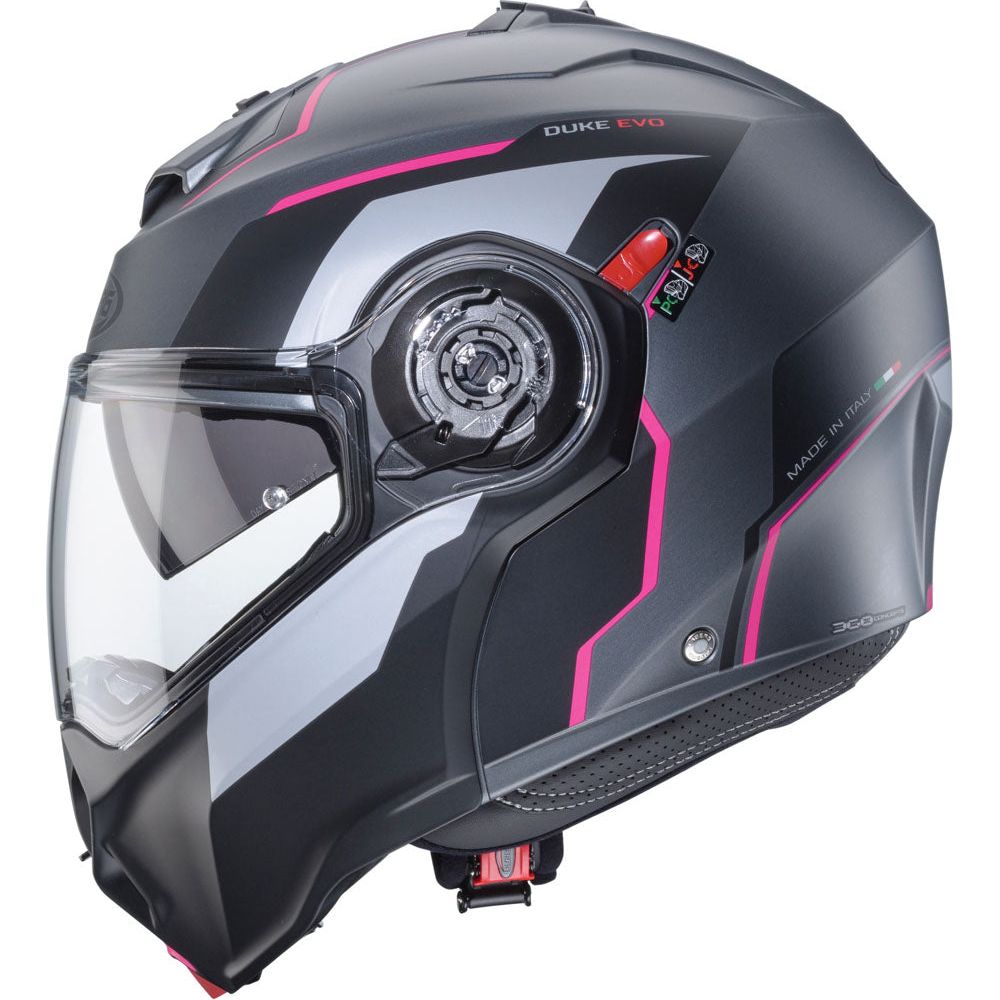 Caberg Duke Evo Move Flip-Up Helmet Matt Gun Metal / Black / Fuchsia FREE 1 YEAR Returns, FREE UK Delivery | ThrottleChimp