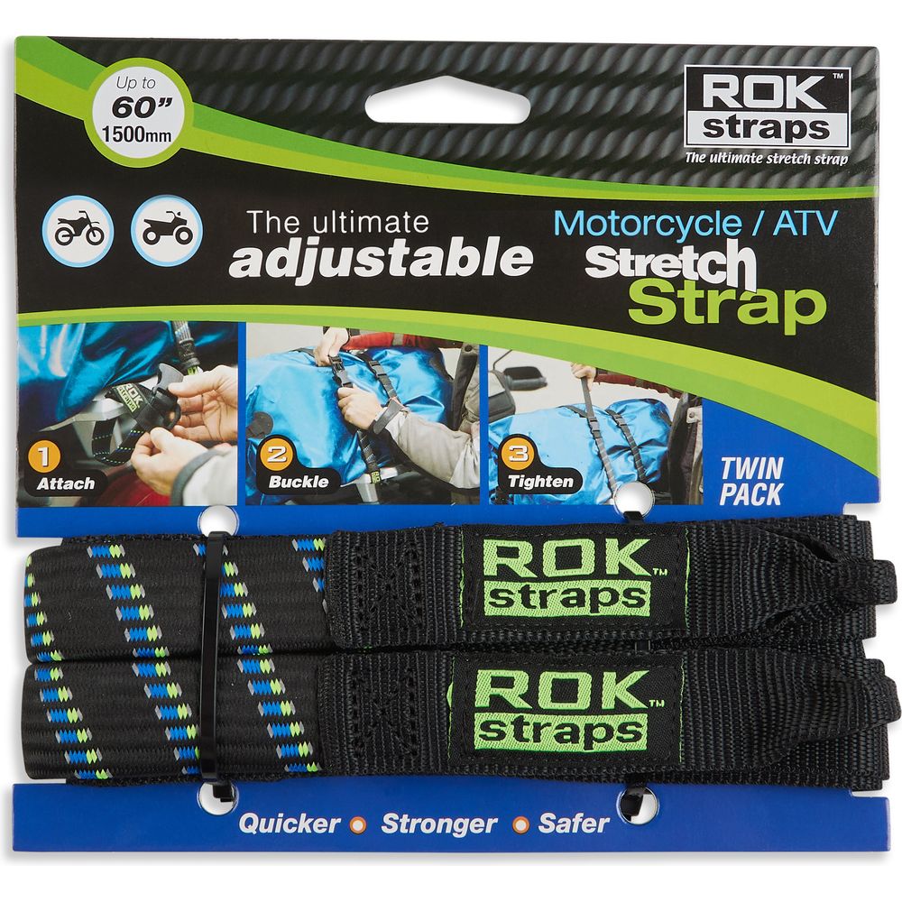 ROK Motorcycle Adjustable Stretch Strap Black / Blue / Green - Pack Of 2 FREE 1 YEAR Returns, FREE UK Delivery | ThrottleChimp