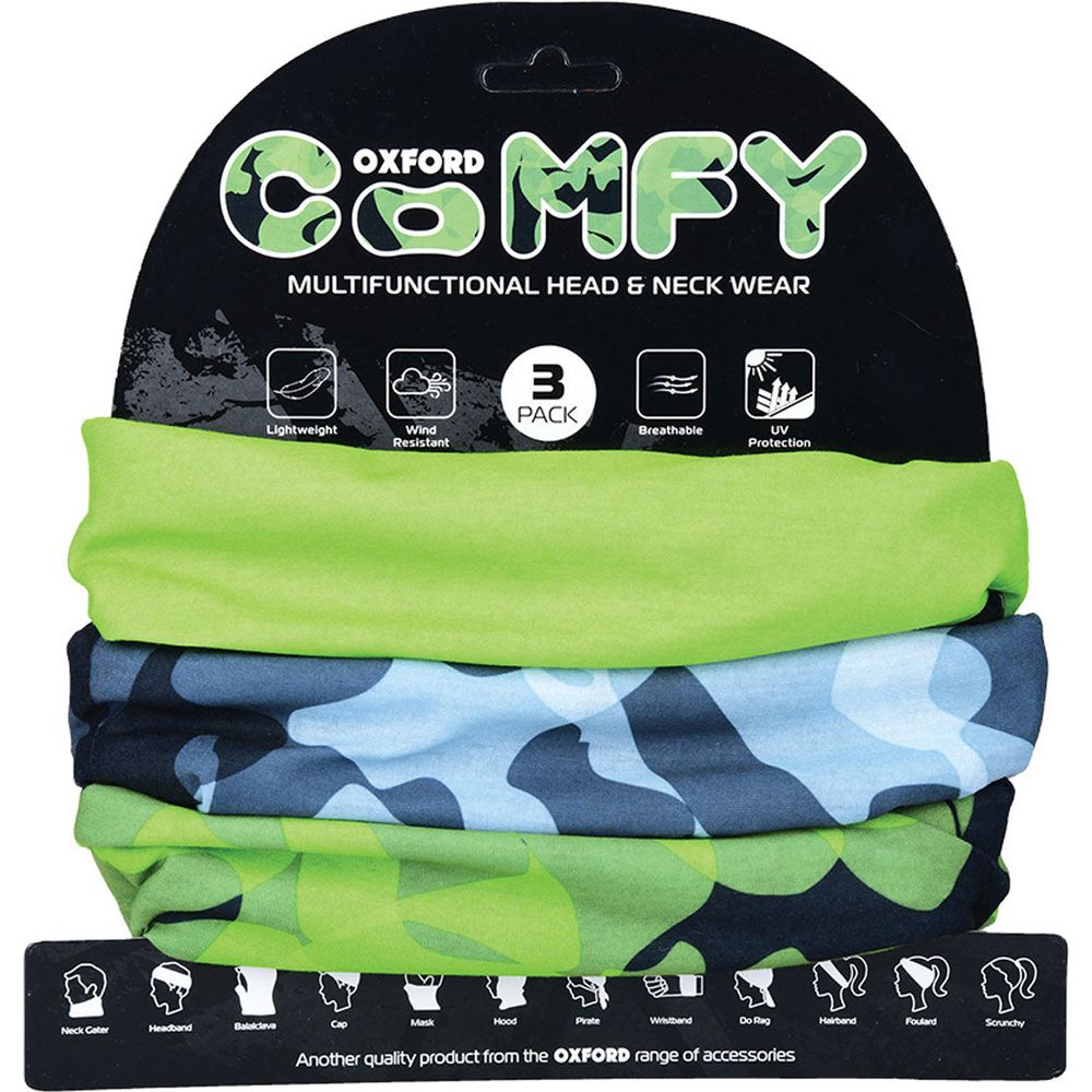 Oxford Comfy Multifunctional Head & Neckwear Havoc Green - Pack Of 3 FREE 1 YEAR Returns, FREE UK Delivery | ThrottleChimp