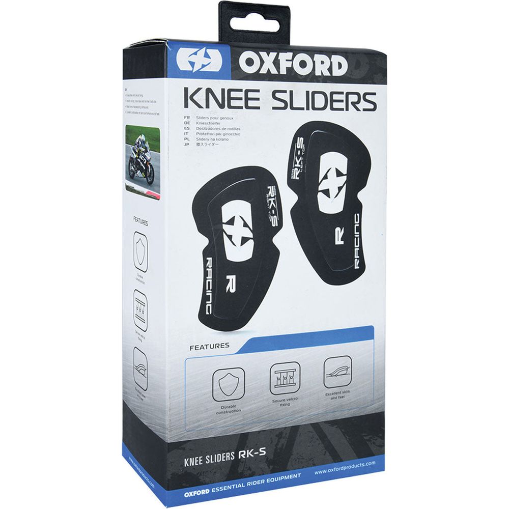 Oxford RK-S Knee Sliders Black / White FREE 1 YEAR Returns, FREE UK Delivery | ThrottleChimp