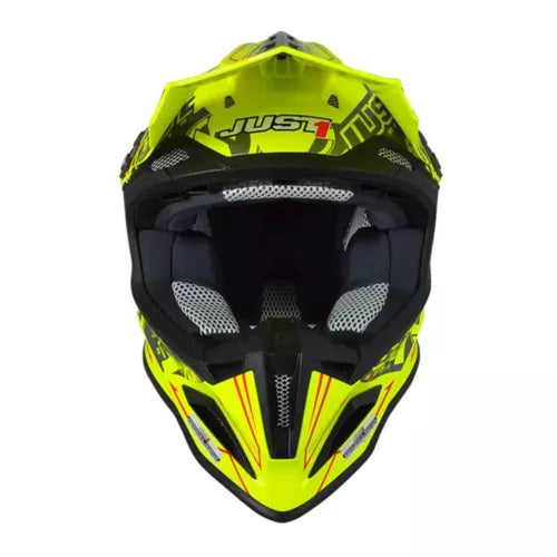 Just1 J12 Carbon MX Helmet Stamp Fluo Yellow FREE 1 YEAR Returns, FREE UK Delivery | ThrottleChimp