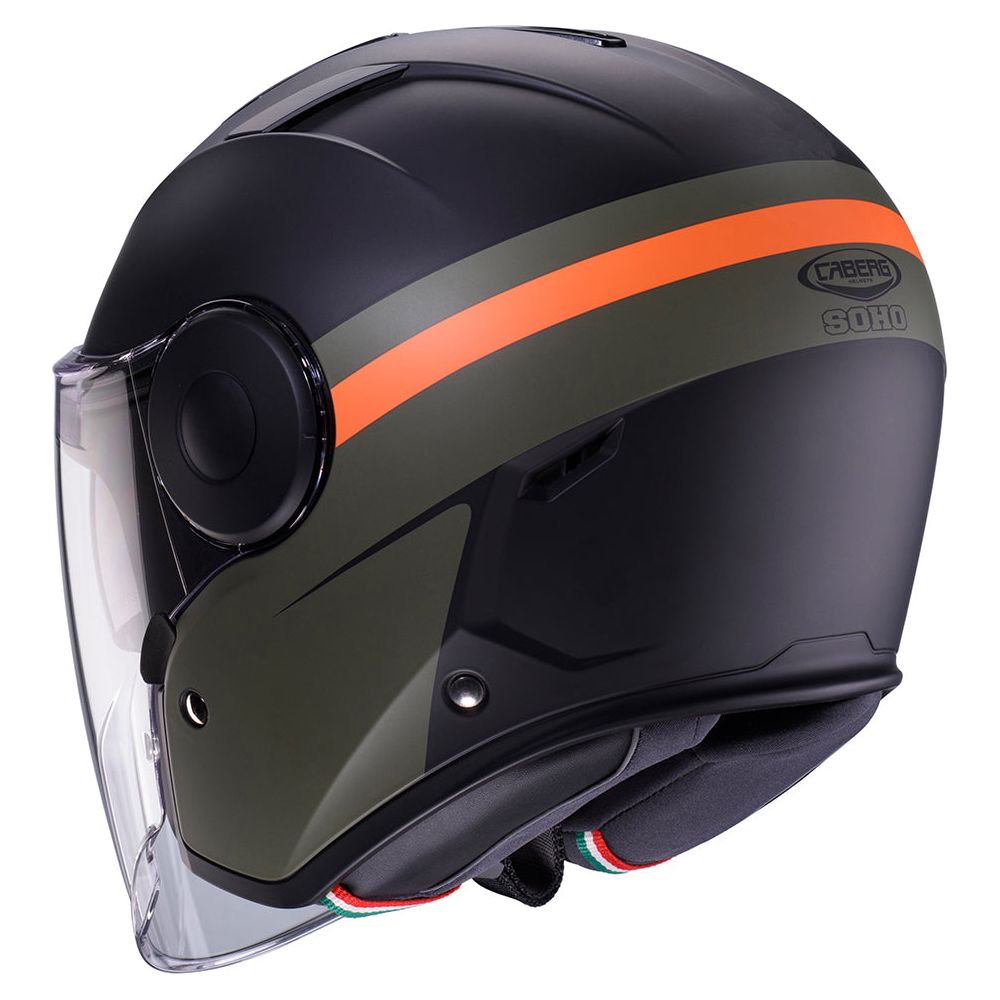 Caberg Soho Open Face Helmet Zephir Matt Black / Military Green / Orange FREE 1 YEAR Returns, FREE UK Delivery | ThrottleChimp